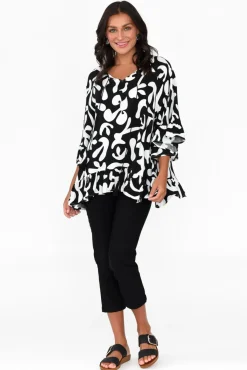 Sleeved Tops<New U Collection Chase Black Abstract Tassel Ruffle Top