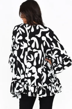 Sleeved Tops<New U Collection Chase Black Abstract Tassel Ruffle Top