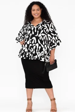 Sleeved Tops<New U Collection Chase Black Abstract Tassel Ruffle Top