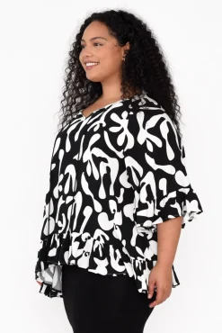 Sleeved Tops<New U Collection Chase Black Abstract Tassel Ruffle Top