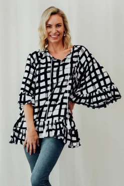 Sleeved Tops<New U Collection Chase Black Check Tassel Ruffle Top