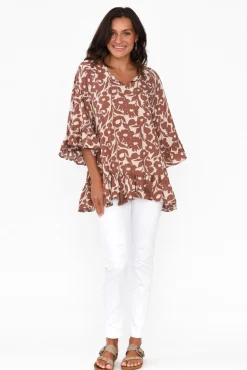 Sleeved Tops<New U Collection Chase Brown Botanical Tassel Ruffle Top