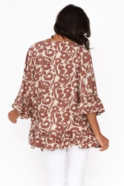 Sleeved Tops<New U Collection Chase Brown Botanical Tassel Ruffle Top