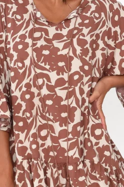 Sleeved Tops<New U Collection Chase Brown Botanical Tassel Ruffle Top