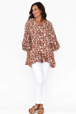 Sleeved Tops<New U Collection Chase Brown Botanical Tassel Ruffle Top