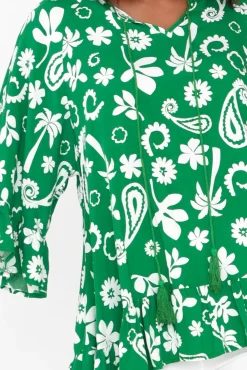 Sleeved Tops<New U Collection Chase Green Garden Tassel Ruffle Top