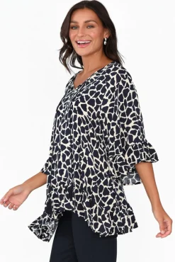 Sleeved Tops<New U Collection Chase Navy Abstract Tassel Ruffle Top