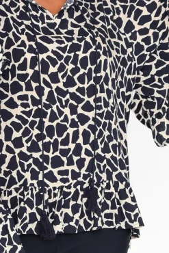 Sleeved Tops<New U Collection Chase Navy Abstract Tassel Ruffle Top