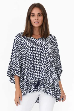 Sleeved Tops<New U Collection Chase Navy Spot Tassel Ruffle Top