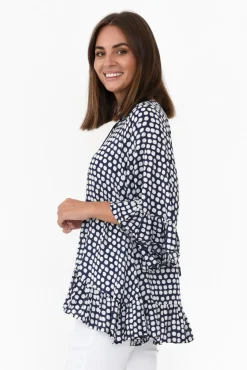 Sleeved Tops<New U Collection Chase Navy Spot Tassel Ruffle Top