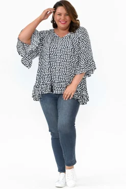 Sleeved Tops<New U Collection Chase Navy Spot Tassel Ruffle Top