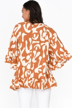 Sleeved Tops<New U Collection Chase Rust Abstract Tassel Ruffle Top