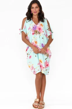 Above Knee Dresses<Red Lotus Chloe Blue Cherry Blossom Cold Shoulder Kaftan