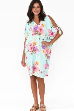 Above Knee Dresses<Red Lotus Chloe Blue Cherry Blossom Cold Shoulder Kaftan
