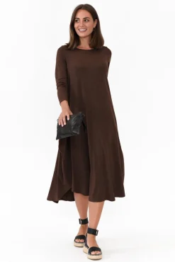 Midi Dresses<Tani Chocolate Marle Long Sleeved Micro Modal Drape Dress