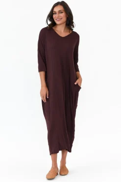 Cotton Dresses<Cotton Village Chocolate Sleeved Pocket Crinkle Cotton Dress