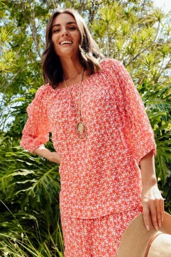 Cotton Tops<Namastai Christina Red Flower Crinkle Cotton Top