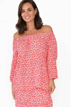 Cotton Tops<Namastai Christina Red Flower Crinkle Cotton Top