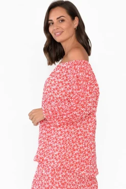 Cotton Tops<Namastai Christina Red Flower Crinkle Cotton Top