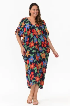 Midi Dresses<New U Collection Christine Navy Floral Cold Shoulder Kaftan