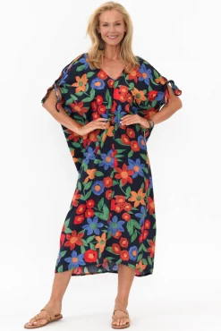 Midi Dresses<New U Collection Christine Navy Floral Cold Shoulder Kaftan