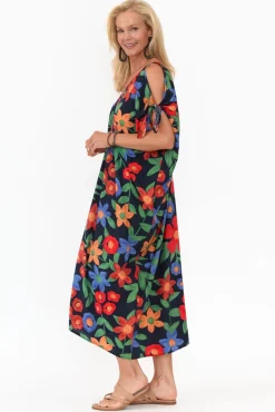 Midi Dresses<New U Collection Christine Navy Floral Cold Shoulder Kaftan
