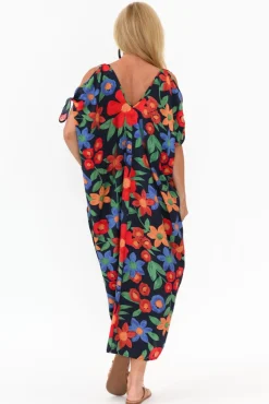Midi Dresses<New U Collection Christine Navy Floral Cold Shoulder Kaftan