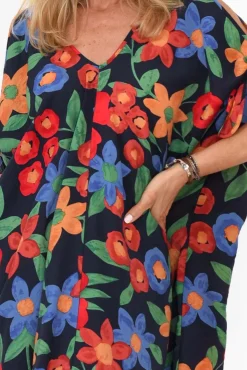 Midi Dresses<New U Collection Christine Navy Floral Cold Shoulder Kaftan