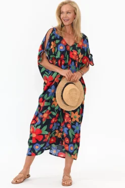 Midi Dresses<New U Collection Christine Navy Floral Cold Shoulder Kaftan