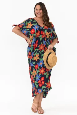 Midi Dresses<New U Collection Christine Navy Floral Cold Shoulder Kaftan