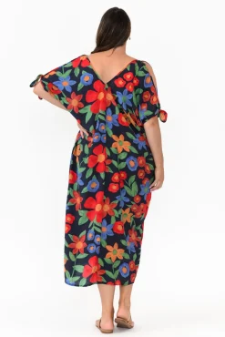 Midi Dresses<New U Collection Christine Navy Floral Cold Shoulder Kaftan