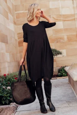 Below Knee Dresses<Cali and Co Coco Black Sleeved Dress