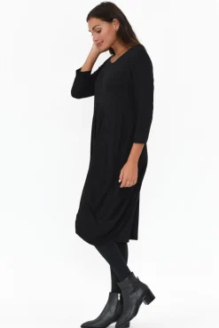 Below Knee Dresses<Cali and Co Coco Black Sleeved Dress