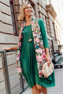 Below Knee Dresses<Cali and Co Coco Green Sleeved Dress