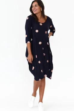 Below Knee Dresses<Cali and Co Coco Navy Spot Sleeved Dress