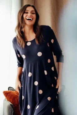 Below Knee Dresses<Cali and Co Coco Navy Spot Sleeved Dress