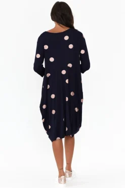 Below Knee Dresses<Cali and Co Coco Navy Spot Sleeved Dress
