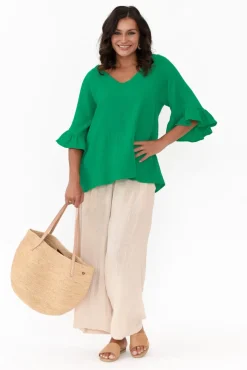 Cotton Tops<Hourglass Corey Green Crinkle Cotton Frill Top