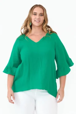 Cotton Tops<Hourglass Corey Green Crinkle Cotton Frill Top