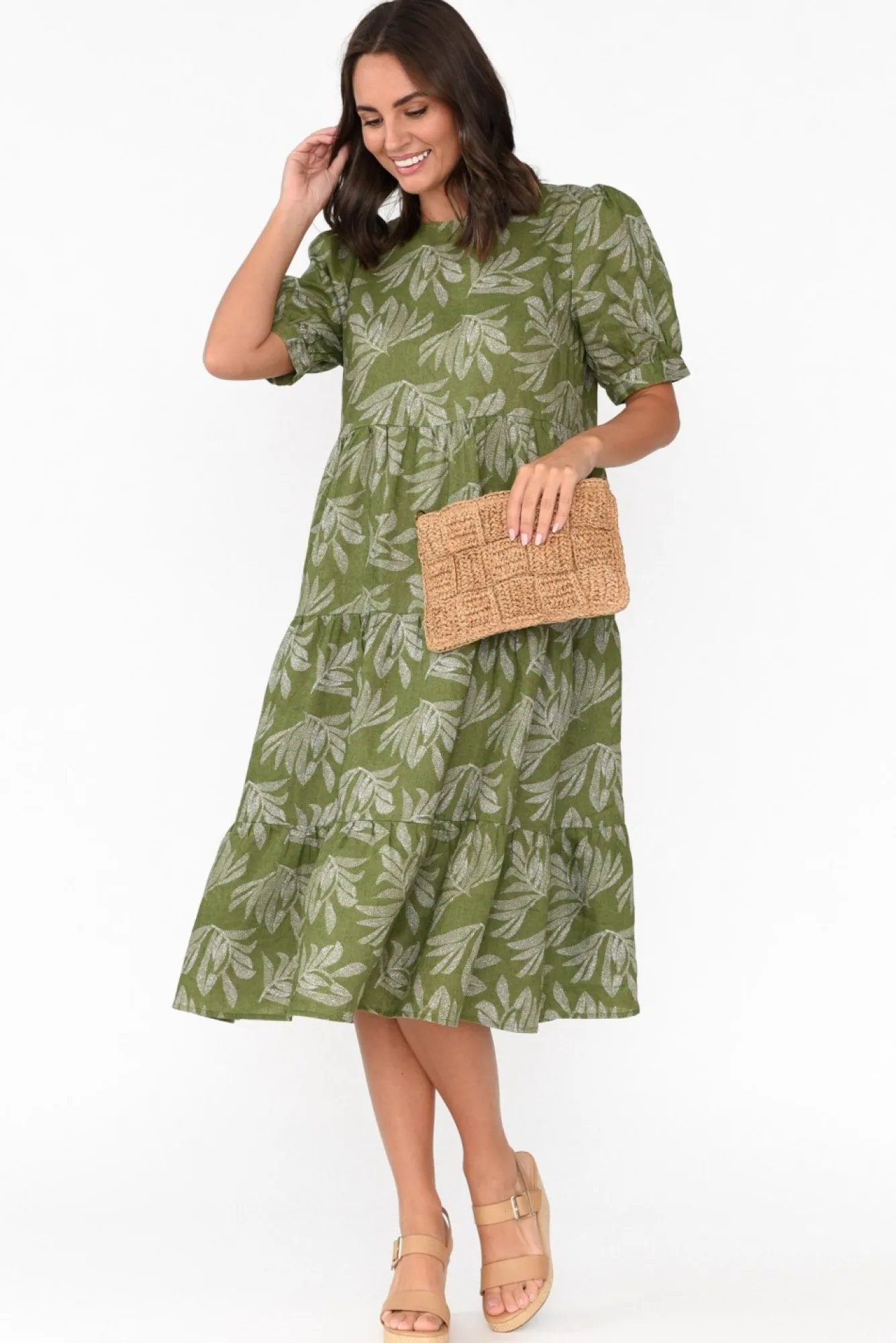 Linen Dresses<Stella Gemma Corsica Green Palm Linen Tiered Dress