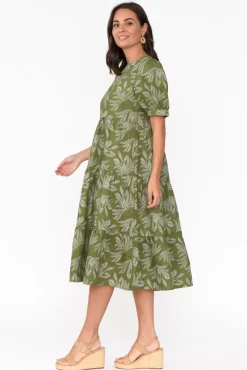 Linen Dresses<Stella Gemma Corsica Green Palm Linen Tiered Dress