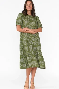 Linen Dresses<Stella Gemma Corsica Green Palm Linen Tiered Dress