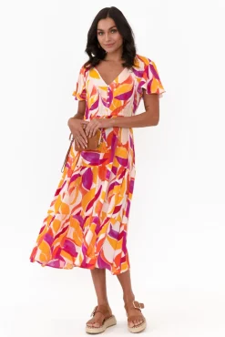 Midi Dresses<Label of Love Dahlia Orange Abstract V Neck Dress