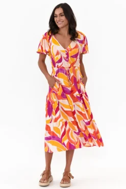 Midi Dresses<Label of Love Dahlia Orange Abstract V Neck Dress