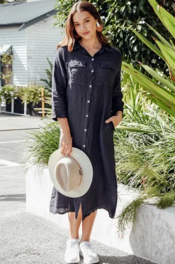 Linen Dresses<La Strada Danika Navy Linen Dress