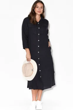 Linen Dresses<La Strada Danika Navy Linen Dress