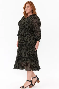 Midi Dresses<Fate Becker Darby Khaki Animal Tier Midi Dress