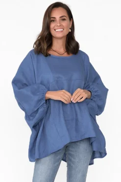 Cotton Tops<Tirelli Darla Blue Gathered Sleeve Linen Top