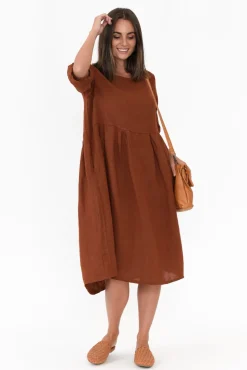 Linen Dresses<Donna Donna Davina Brown Linen Swing Dress