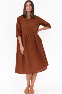 Linen Dresses<Donna Donna Davina Brown Linen Swing Dress